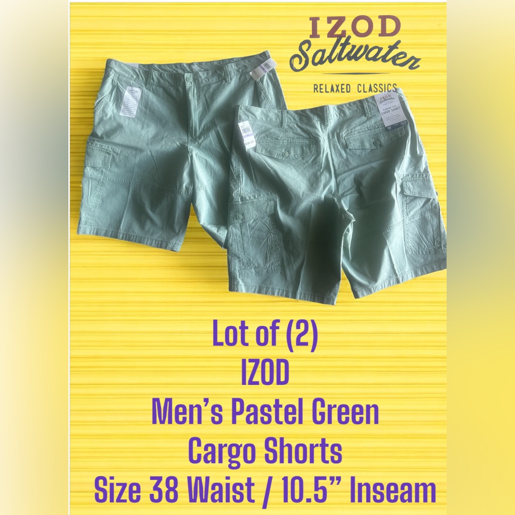 Izod Lot 2 Mens Pigment Dye Green Bay Waist 38” X 10.5" Inseam Cargo Shorts Nwt
